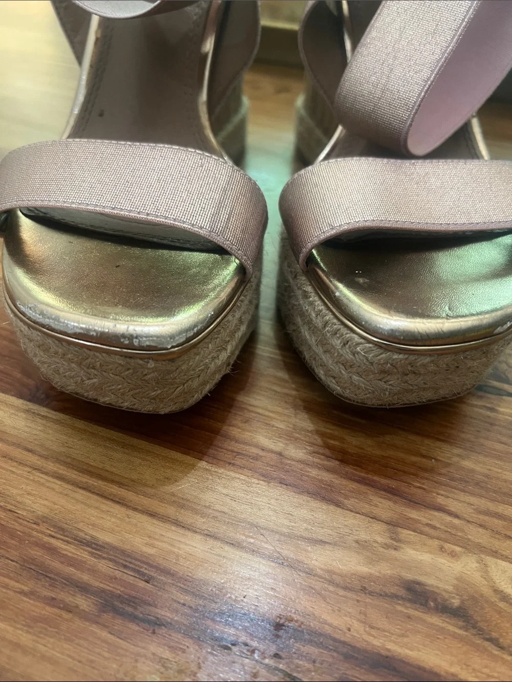 ASOS Women’s Pink Rose Gold Metallic Wedge Sandals with Strappy Elastic Upper